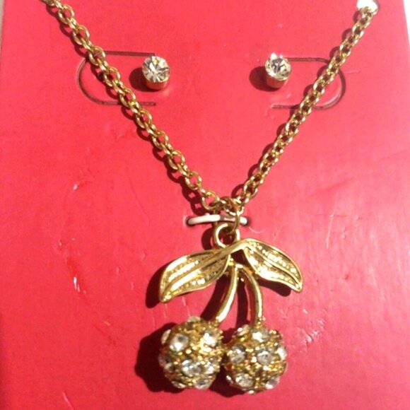 Gold-tone Cherry Pendant Necklace & Crystal Stud Earrings – Women's Jewelry - Picture 1 of 8